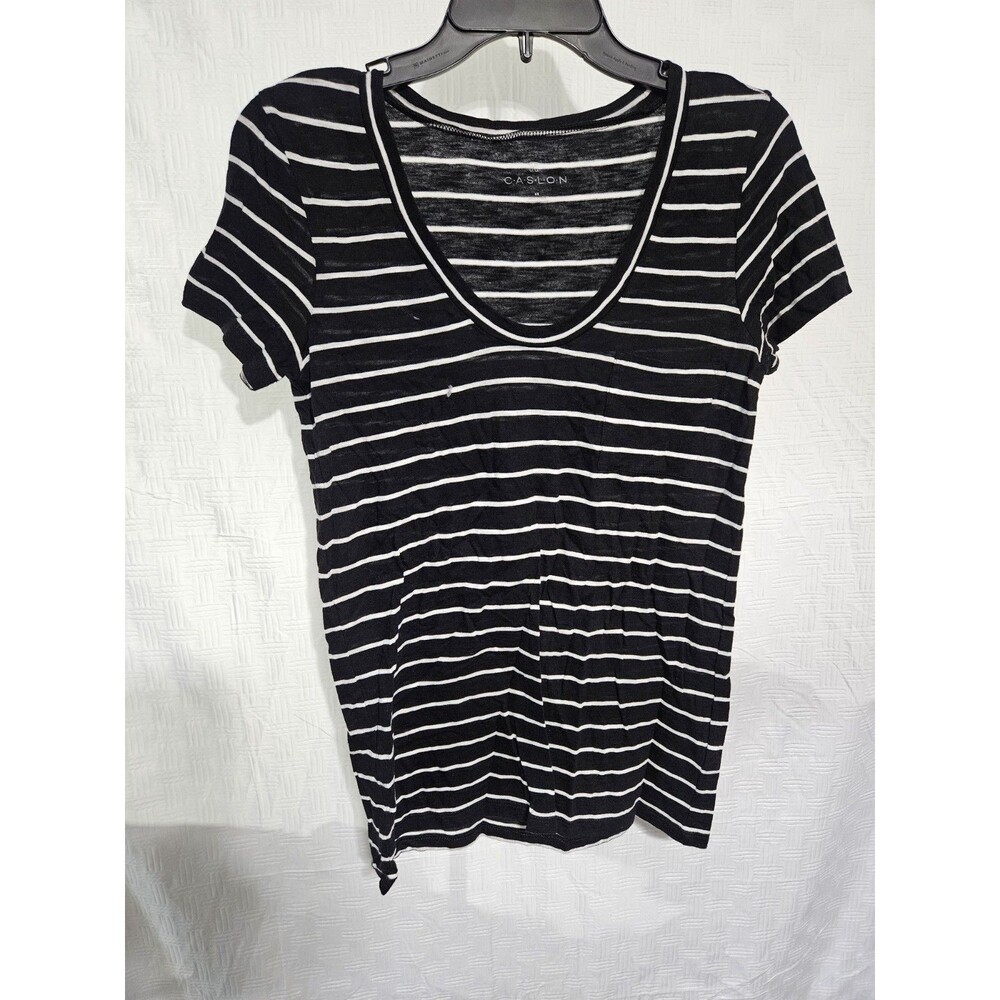 CASLON Julia Knit T-shirt XS Black White Stripe V-Neck Cotton Modal SS NWOT